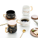 Axyaa 300ml Marble Ceramic Tea Coffee Cups with Wood Saucers, Black White Gold Inlay