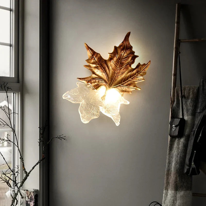 Axyaa Luxury Copper Maple Leaf Crystal Glass Wall Lamp for Home Deco