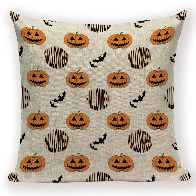 Happy Halloween Pumpkin Print Linen Throw Pillow Cover by Axyaa