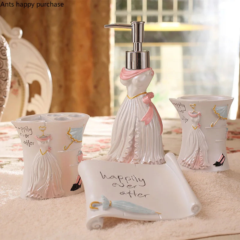 Axya Pink & White Resin Bathroom Wash Set - 5-Piece Essentials