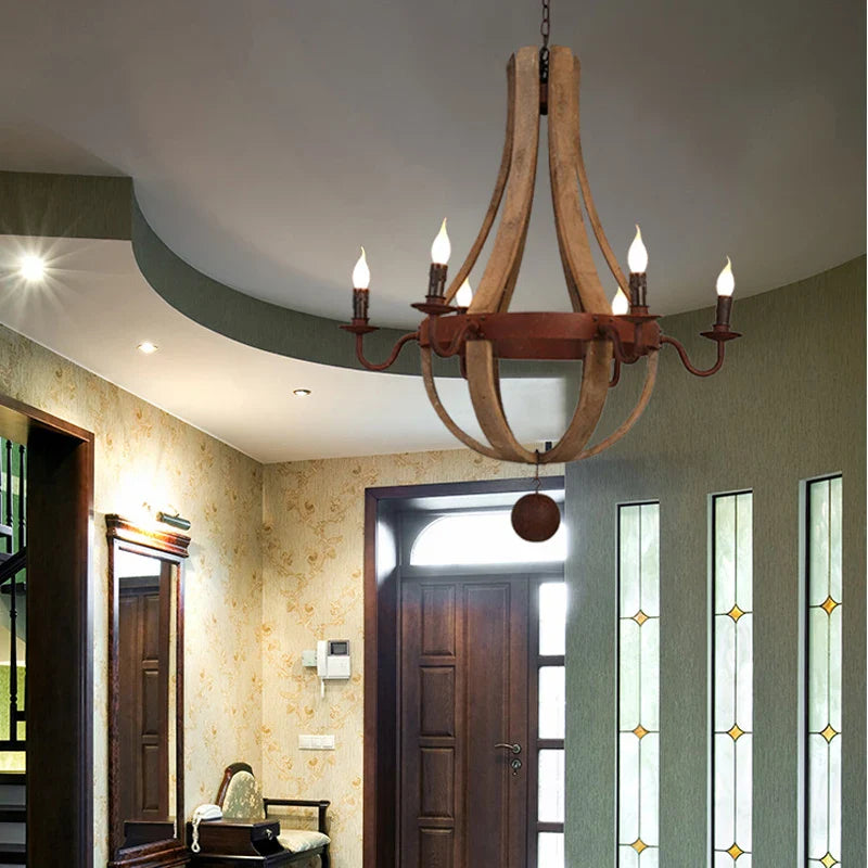 Rural Wood Candle Chandelier for Living Room Bedroom Loft Home by Axyaa