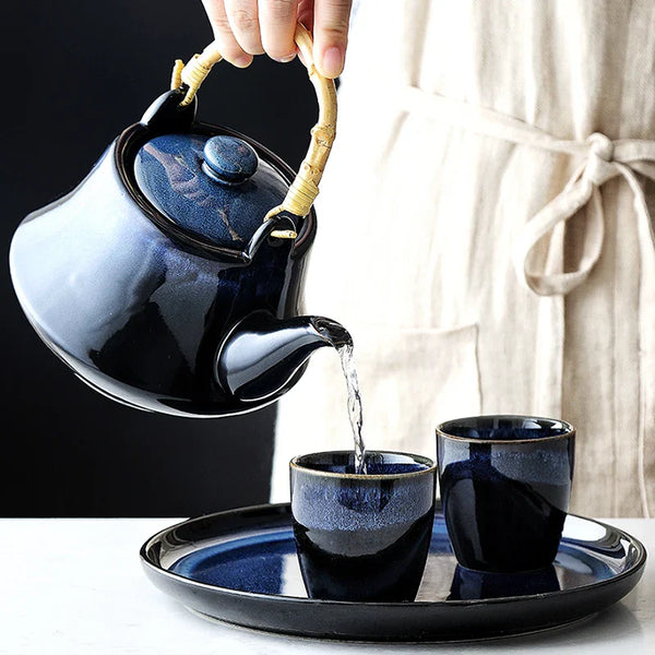 Axya Blue Ceramic Tea Kettle Set - Japanese Kiln Glaze Teaware Set