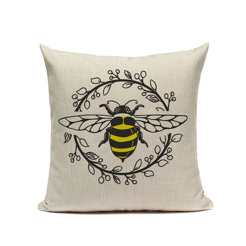 Axyaa Bee Pattern Linen Cushion Cover - Nordic Decorative Throw Pillow Case