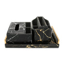 Axya Marbled Leather Tray with Metal Handle - Decorative Home Service Plate