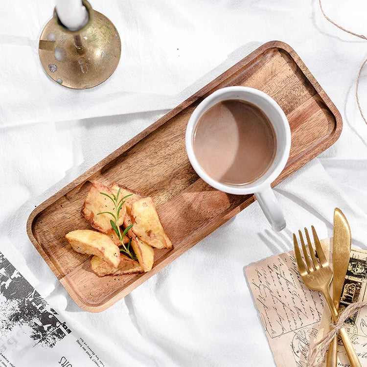 Axya Acacia Wood Breakfast Tray - Elegant Rectangular Wooden Plate for Coffee, Bread, Fruit & Cutlery