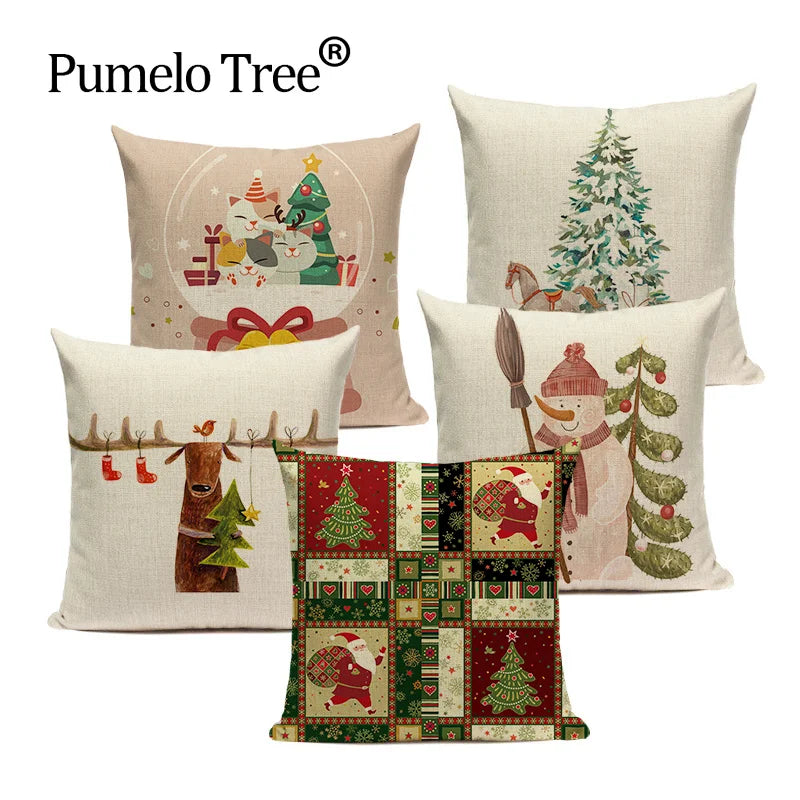Axyaa Christmas Deer Snowman Cartoon Cushion Cover - Festive Decor Pillowcase