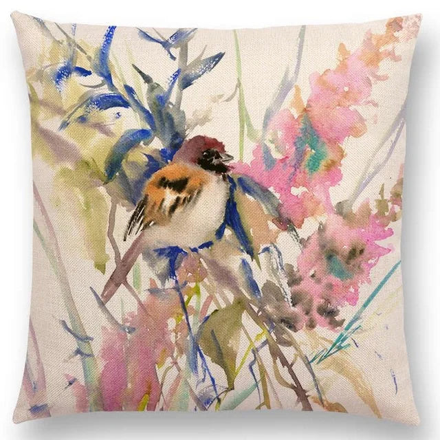 Axyaa Bird Watercolor Cotton Linen Cushion Cover- Hummingbird Goldfinch Chickadee Cardinal Kingfisher