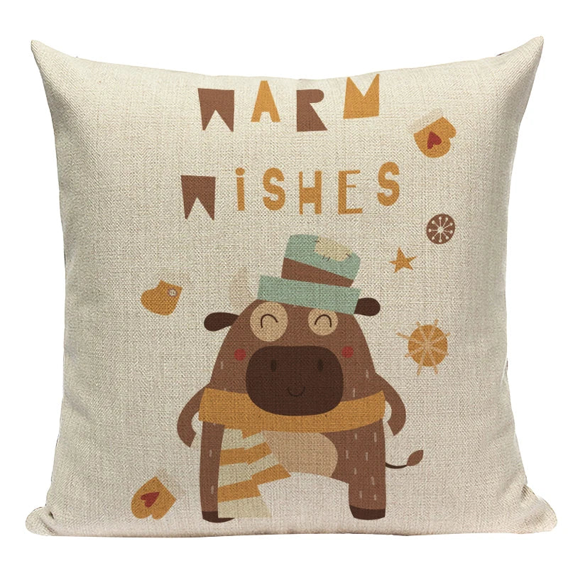 Axyaa Christmas Deer Snowman Cartoon Cushion Cover - Festive Decor Pillowcase