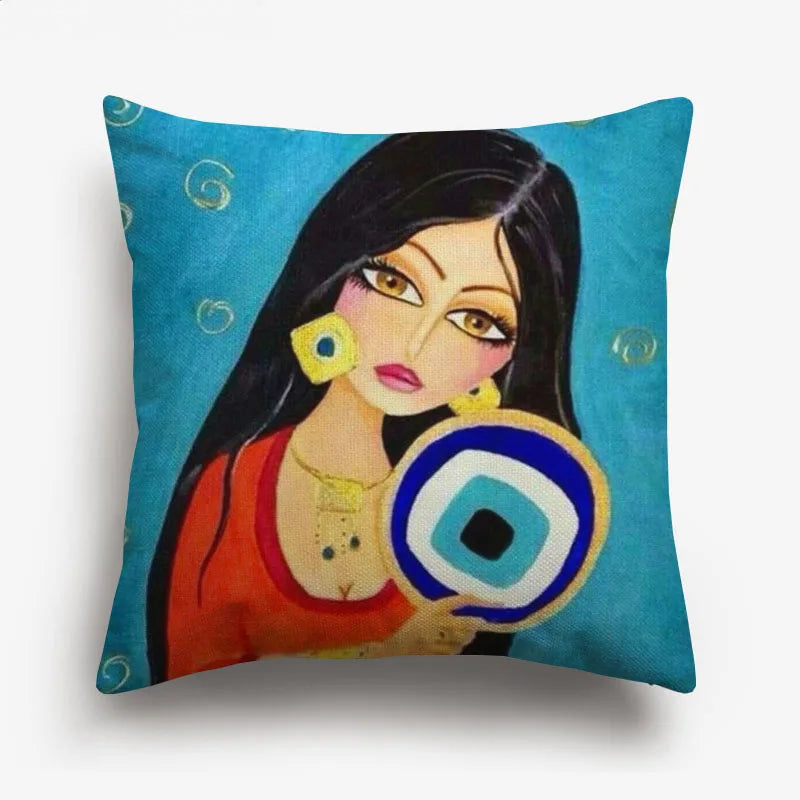 Axyaa Watercolor Turkish Evil Eye Cushion Cover Arabian Girl Portrait Pillow Case