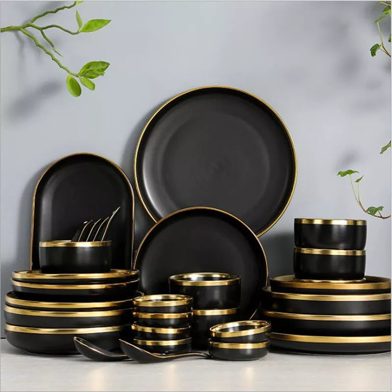 Axya Black Porcelain Dinner Plates Set - Kitchen Tableware Ceramics Bowl Tray Cutlery