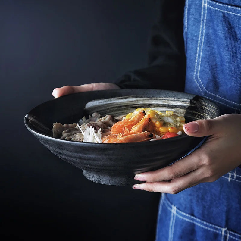 Axya Ceramic Sushi Plate and Rice Bowl Set, Black Matte Design