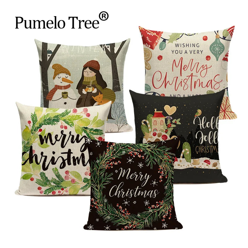 Axyaa Christmas Deer Snowman Cartoon Cushion Cover - Festive Decor Pillowcase