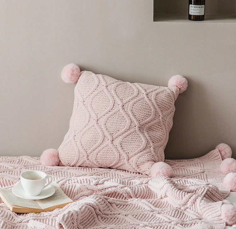 Axyaa Chenille Knit Cushion Cover 45x45cm With PomPom Ball - Pink/Grey/Cream - Home Decor Pillow Case