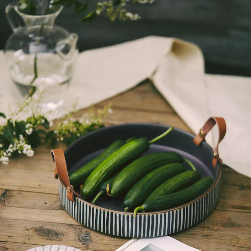 Axya Handmade Ceramic Bowl with Leather Handle Stripe Salad Plate