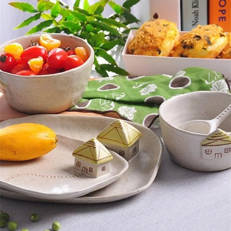 Axya Handmade Stoneware Greenhouse Ceramic Plate Bowl Spoon Set for Kitchen and Dining