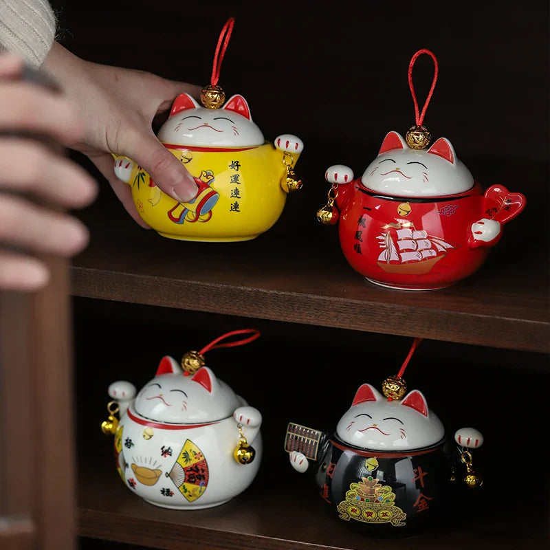 Axya™ Ceramic Lucky Cat Ornaments Tea Spice Jar Rustic Kawaii Room Decor