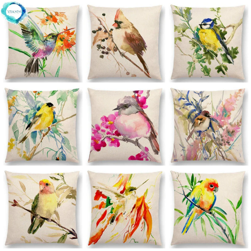 Axyaa Bird Watercolor Cotton Linen Cushion Cover- Hummingbird Goldfinch Chickadee Cardinal Kingfisher