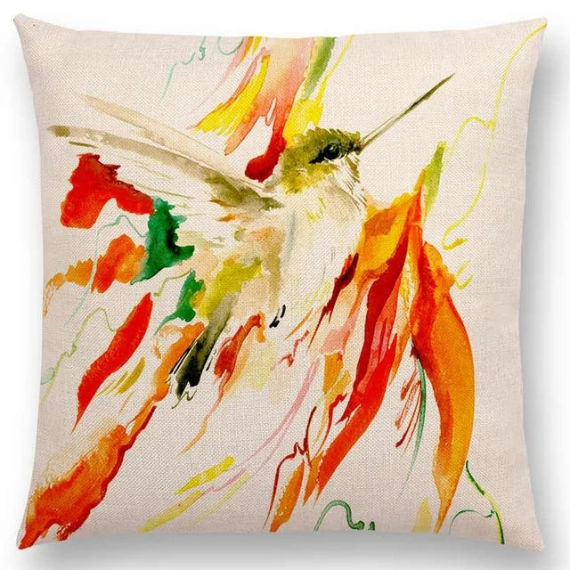Axyaa Bird Watercolor Cotton Linen Cushion Cover- Hummingbird Goldfinch Chickadee Cardinal Kingfisher