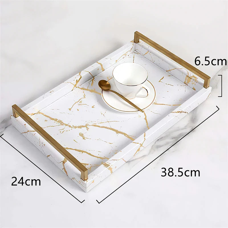 Axya Marbled Leather Tray with Metal Handle - Decorative Home Service Plate
