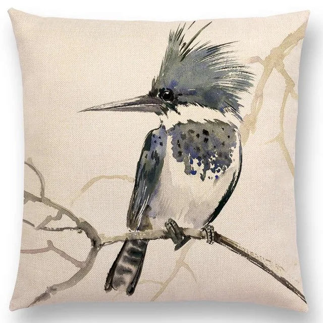 Axyaa Bird Watercolor Cotton Linen Cushion Cover- Hummingbird Goldfinch Chickadee Cardinal Kingfisher