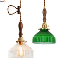 Axyaa Green Glass LED Pendant Light with Wood Hangle & Copper Socket