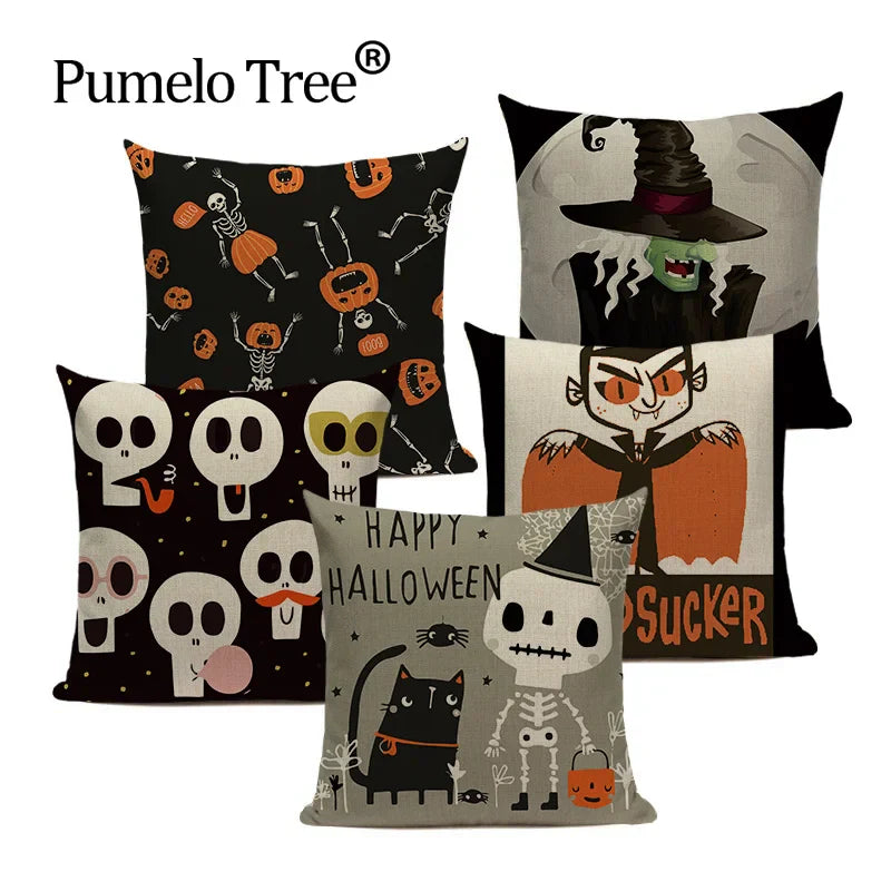 Happy Halloween Pumpkin Print Linen Throw Pillow Cover by Axyaa