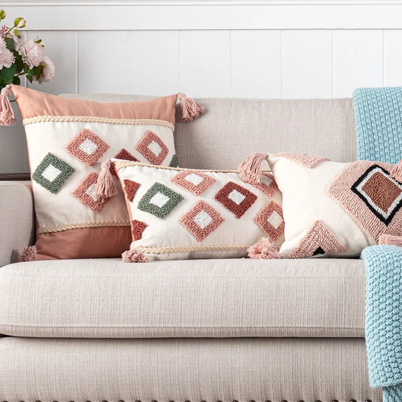 Axyaa Pink Rainbow Tufted Diamond Pillow Cover for Living Room Girls Room