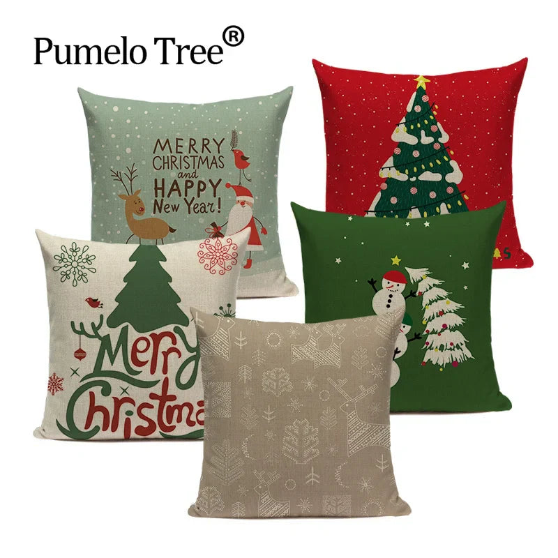 Axyaa Festive Santa Claus Christmas Tree Linen Throw Pillow Case