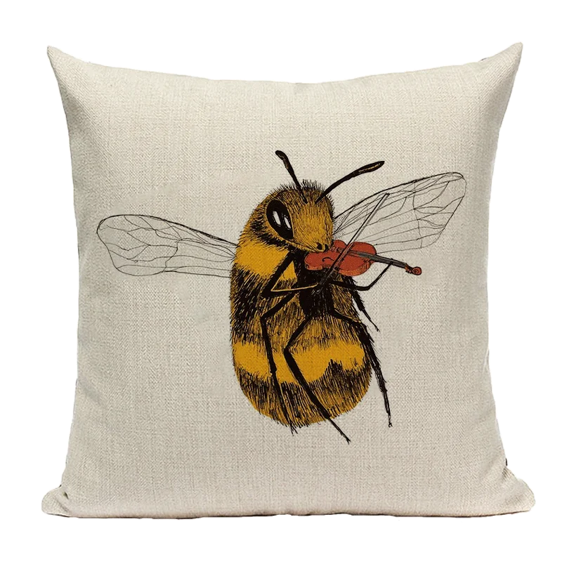 Axyaa Bee Pattern Linen Cushion Cover - Nordic Decorative Throw Pillow Case