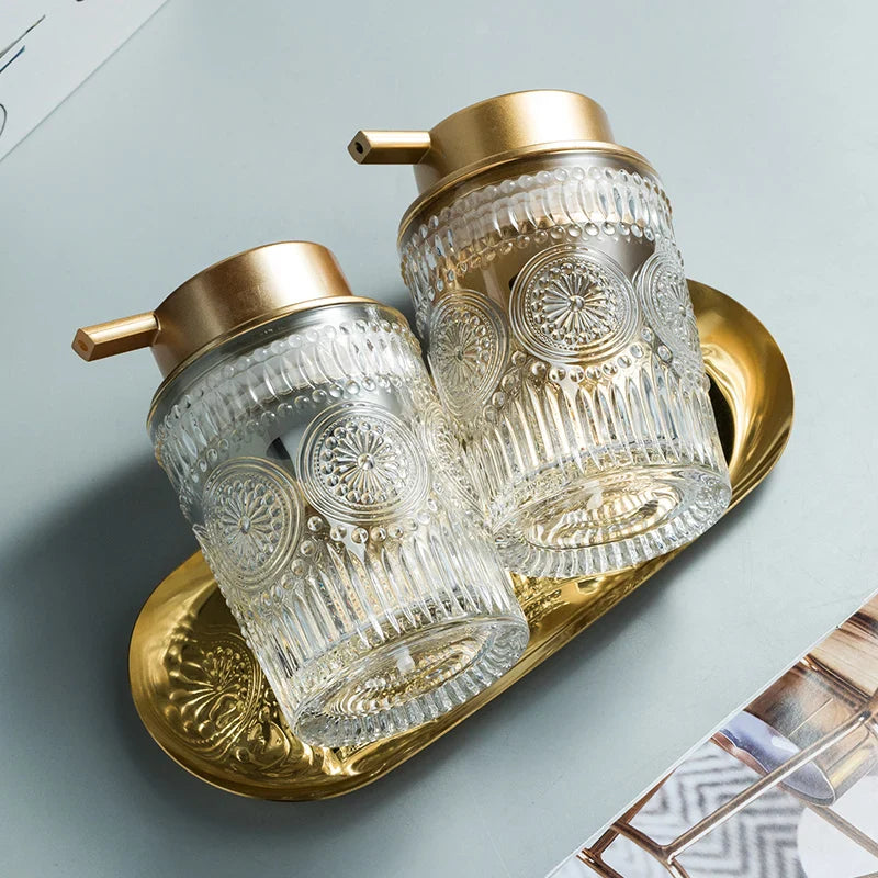 Axya Clear Glass Lotion Soap Dispenser Bottle with Metal Storage Tray