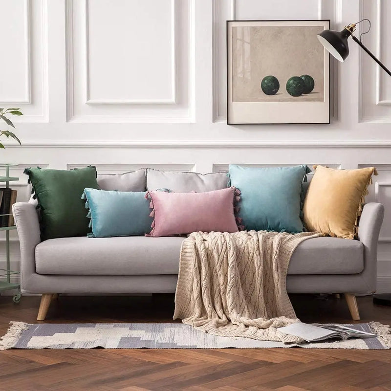 Velvet Tassel Throw Pillow Cover for Couch & Sofa - Axyaa Branded Luxe Accent Cushions