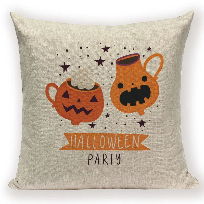 Happy Halloween Pumpkin Print Linen Throw Pillow Cover by Axyaa