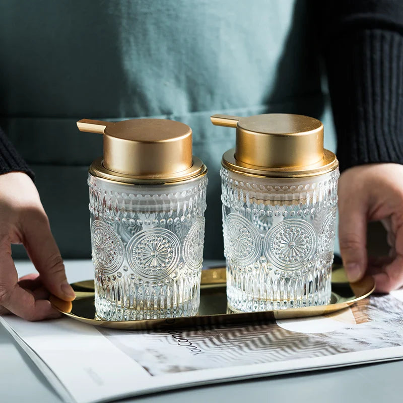 Axya Clear Glass Lotion Soap Dispenser Bottle with Metal Storage Tray