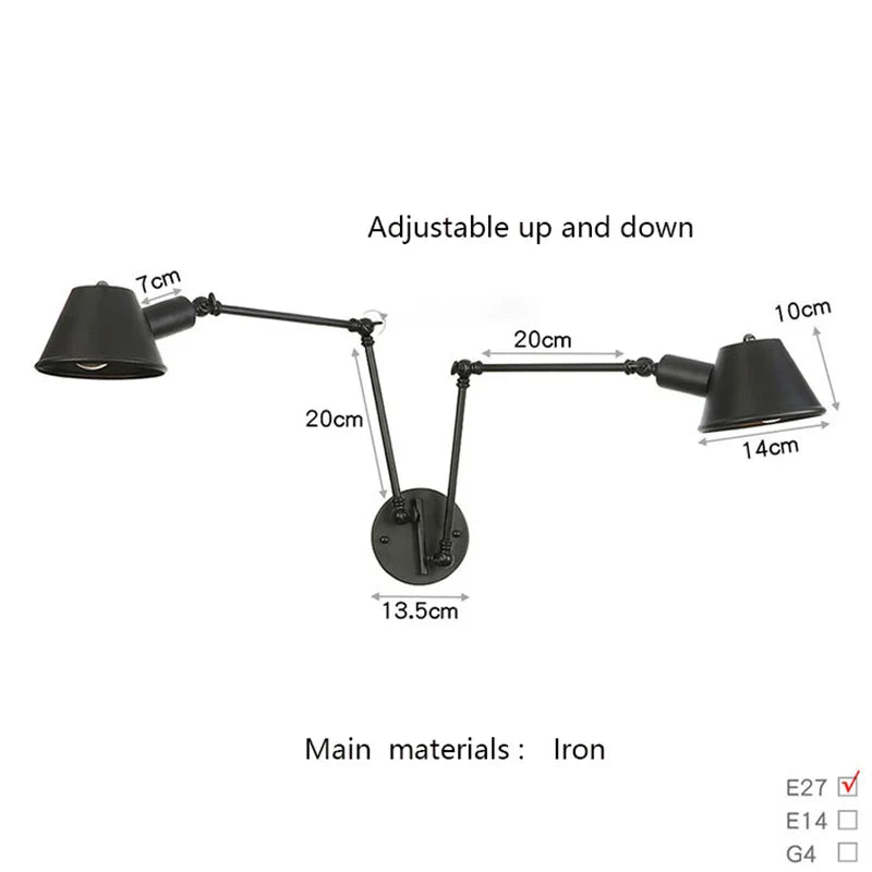 Axyaa Vintage Swimming Arm Wall Lamp Rustic Retro Adjustable Reading Light Applique Luminaire