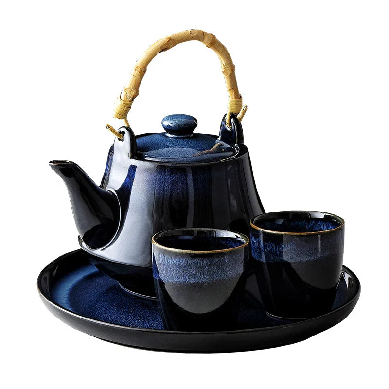 Axya Blue Ceramic Tea Kettle Set - Japanese Kiln Glaze Teaware Set
