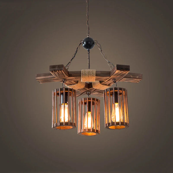 Axyaa Retro Hemp Rope Chandelier Wood Pendant Lamp for Restaurant and Bar