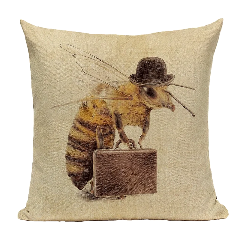 Axyaa Bee Pattern Linen Cushion Cover - Nordic Decorative Throw Pillow Case