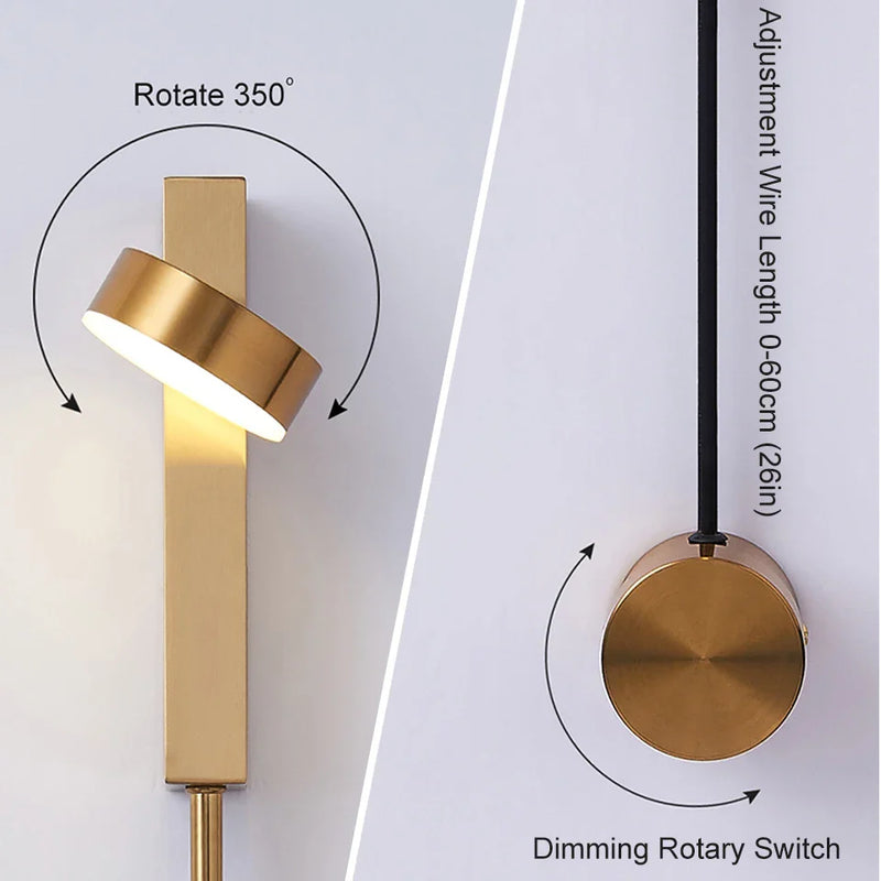 Axxya 9W LED Indoor Wall Sconce Golden Modern Rotation Dimmer Switch Lighting