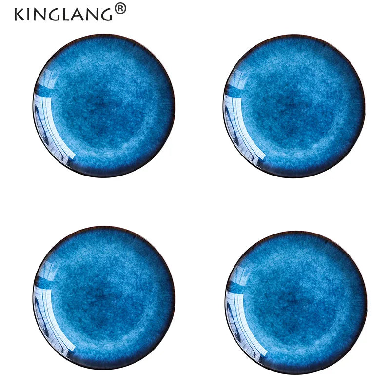 Axya Blue Klin Glazed Porcelain Dinnerware Set, 4-Piece Kinglang Flat Round Plates