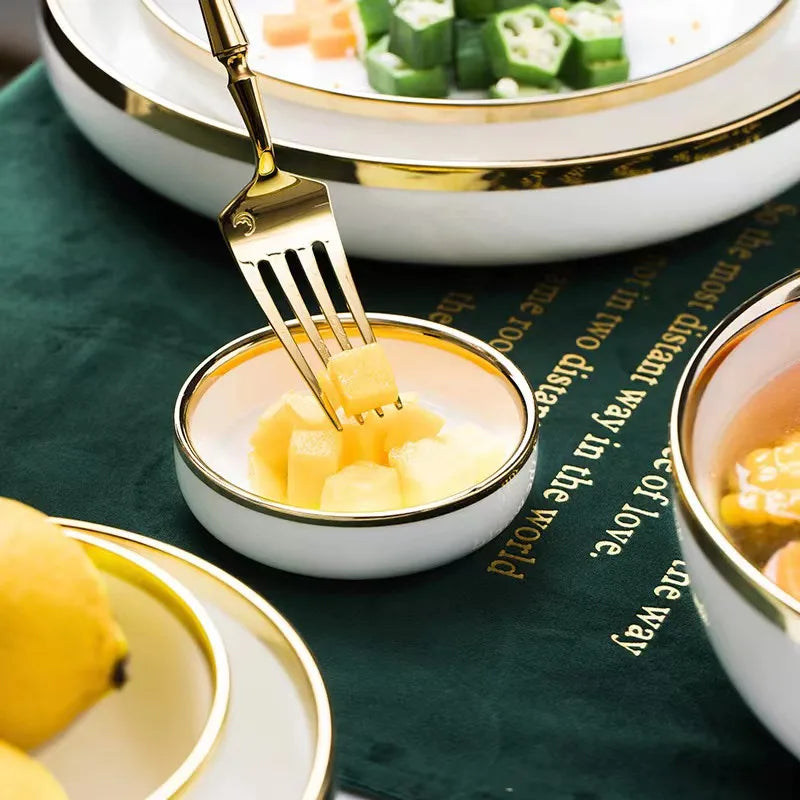 Axya Gold Rim White Porcelain Dinner Plate Bowl Set