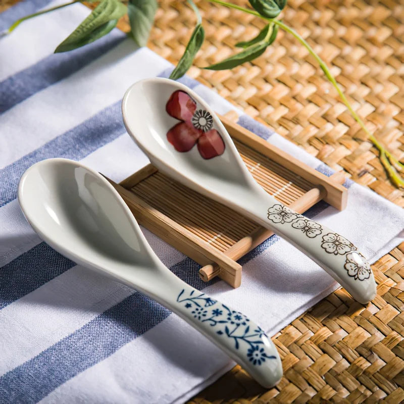 Axya Japanese-style Ceramic Spoon Set Blue Red Flower Soup Scoop Tableware
