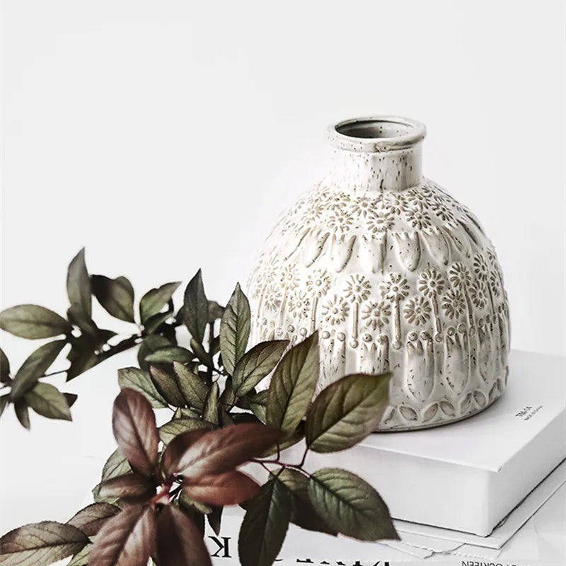 Axya™ Ceramic Relief Flower Vase: Elegant Decor for Home, Hotel, Coffee House