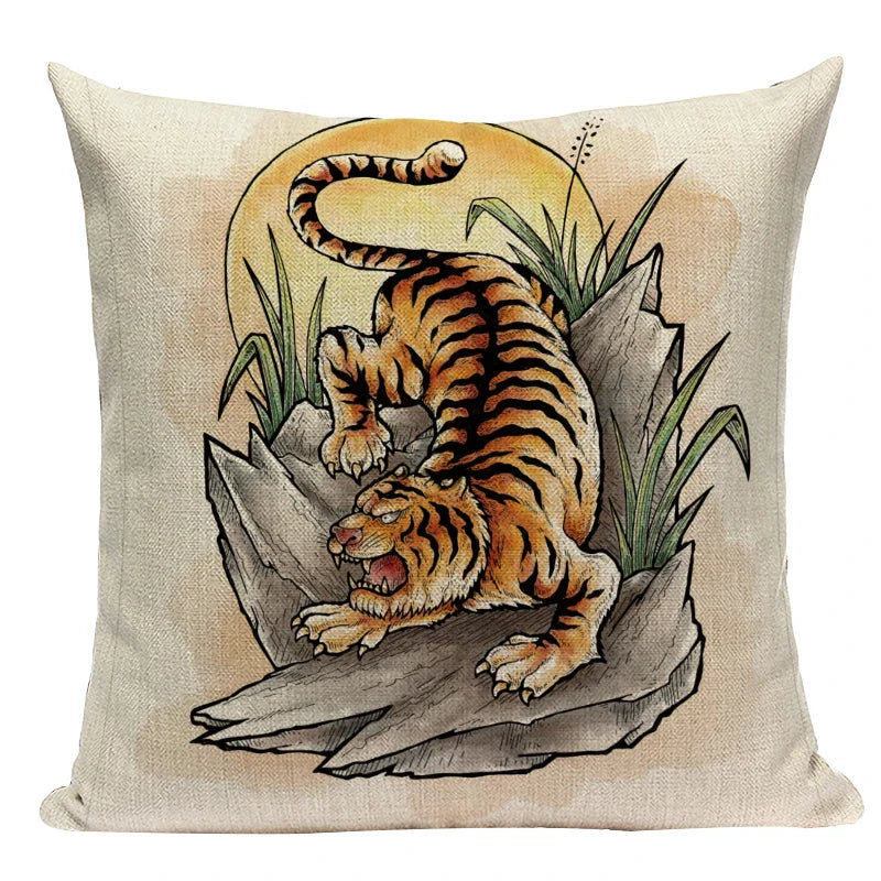 Axyaa Cartoon Tiger Lion Dance Pillow Case Cover for Bed Sofa Decoration