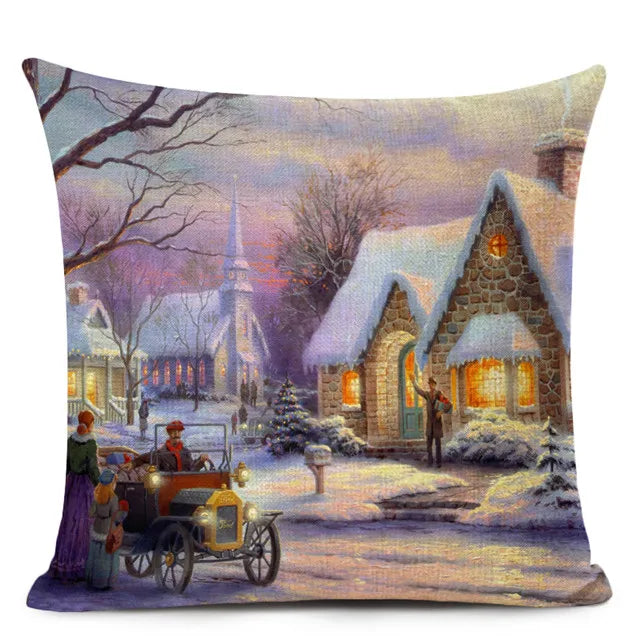 Axyaa City Landscape Oil Painting Cushion Cover | Autumn Winter Art Decor Pillow Case