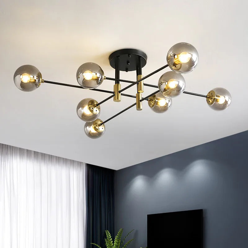 Axyaa Black & Gold LED Round Ball Chandelier - 4/6/8 Lights