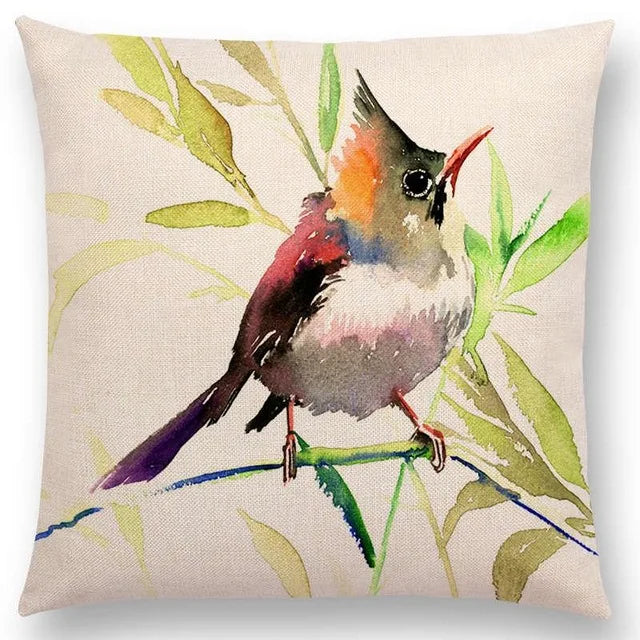 Axyaa Bird Watercolor Cotton Linen Cushion Cover- Hummingbird Goldfinch Chickadee Cardinal Kingfisher