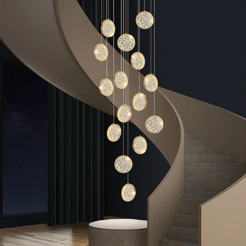 Axyaa Round Acrylic Gold Led Chandelier for Duplex Attic Living and Dining Rooms