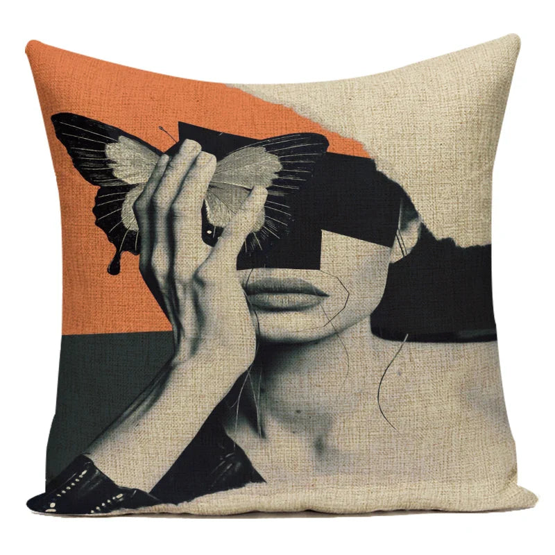 Axyaa Retro Art Woman Abstract Linen Cushion Cover Decorative Throw Pillow