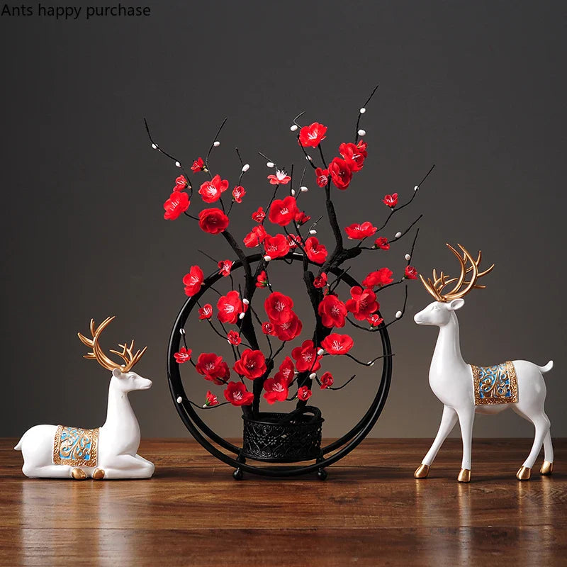 Axya Plum Ceramic Vase with Fake Flowers and Bird Decor, Wrought Iron Ornaments