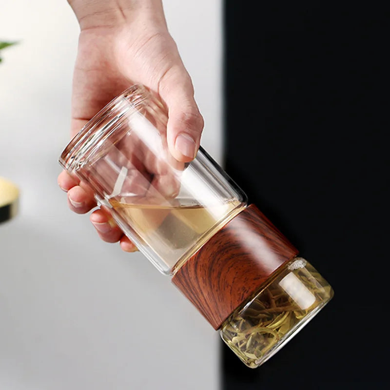 Axya Double Glass Cup Filter Tumbler Tea Drinkware Transparent Wood Grain Bottle